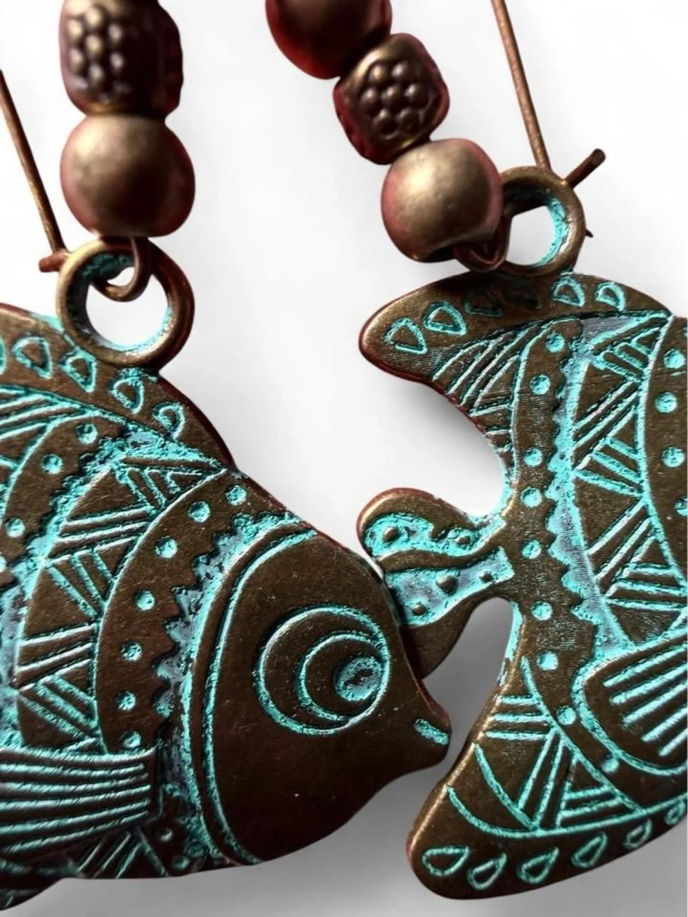 Handmade Verdigris Shell & Turquoise Drop Earrings - Boho Coastal Western - Picture 3 of 6